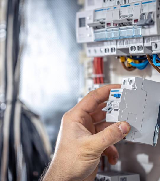 Male electrician at the checkout counter on a blurred background of a switchboard.